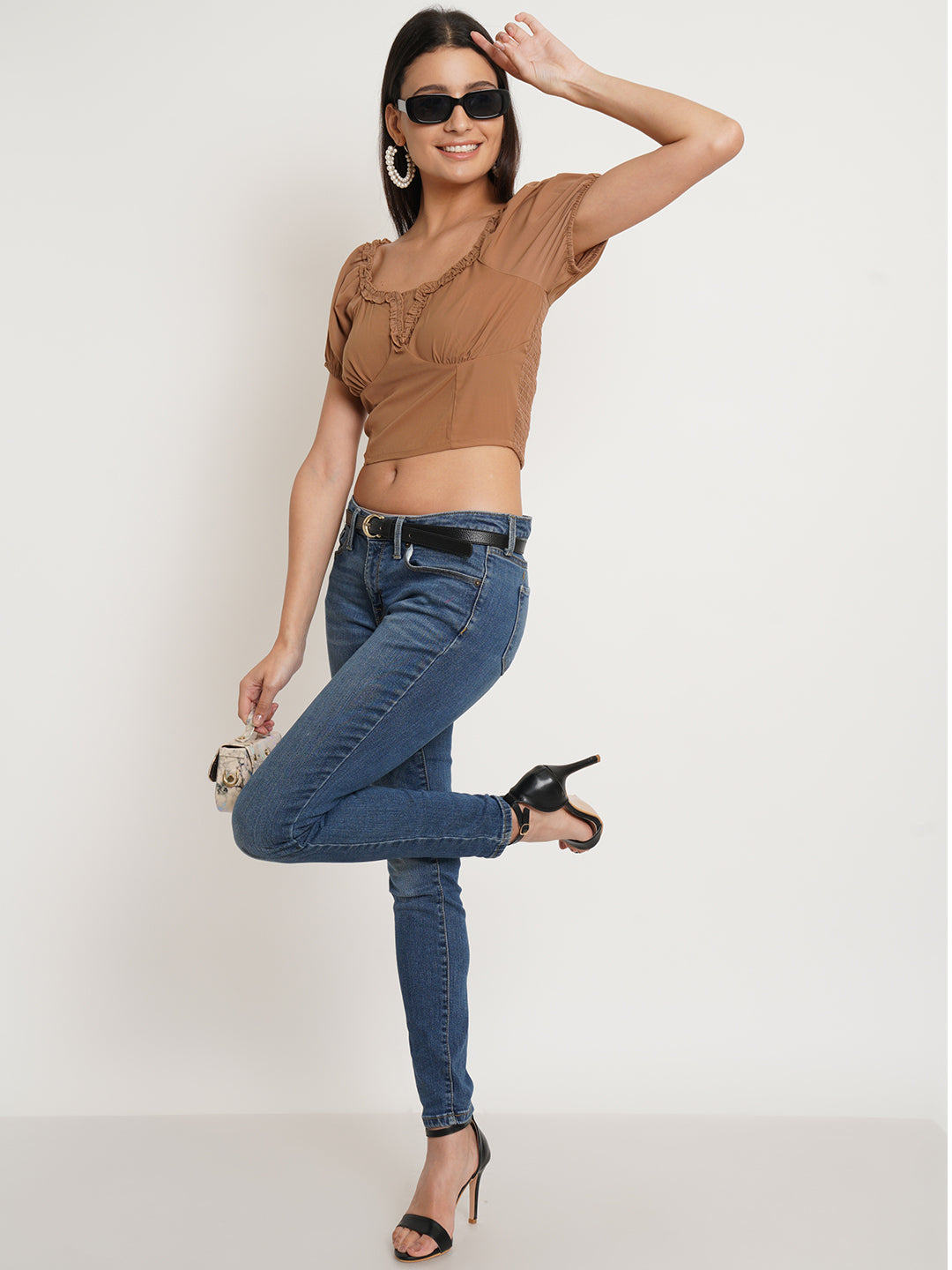 Women Brown Self Design Smocked Crop Top