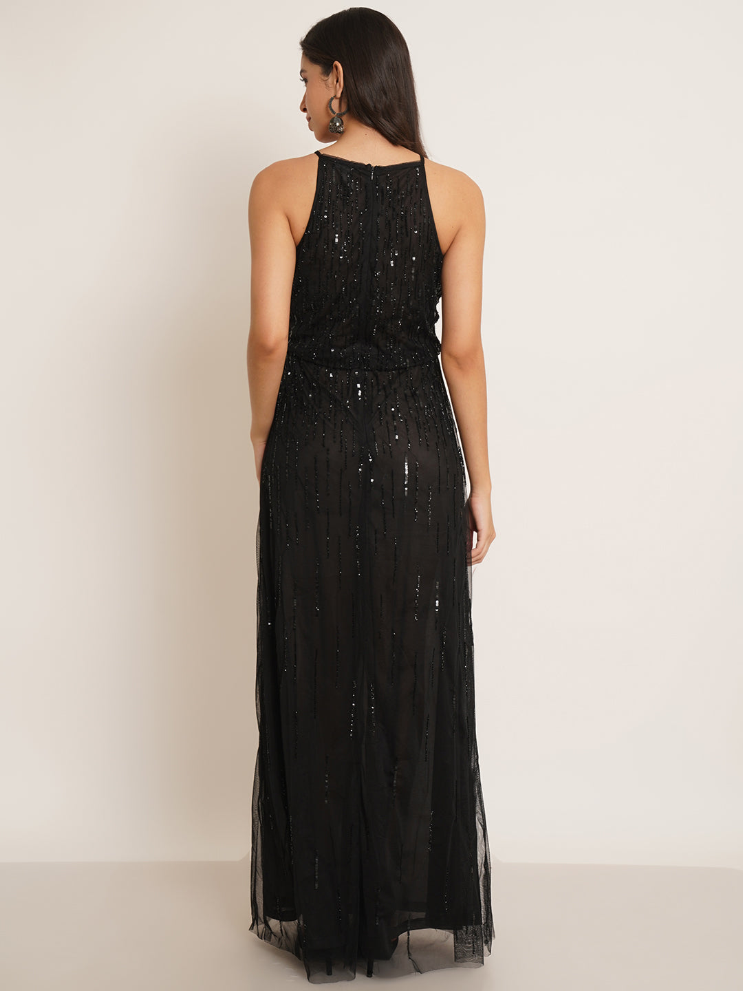 Women Black Embellished Halter Neck Gown Dress
