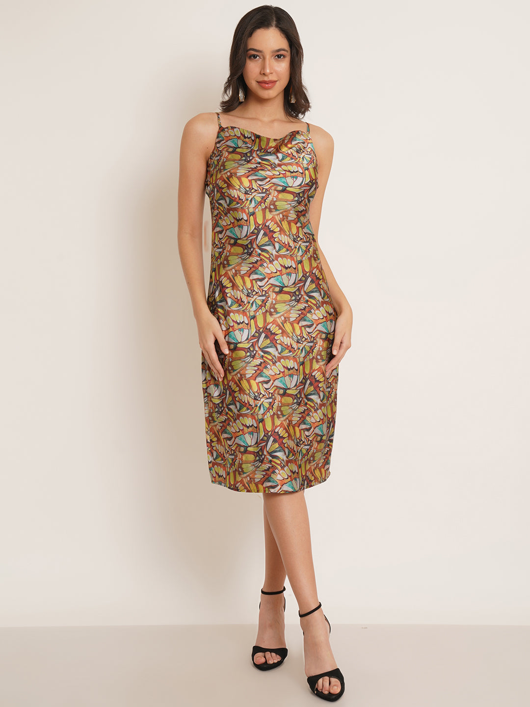 Mustard Printed Satin A-Line Women Dress – 9 Impression