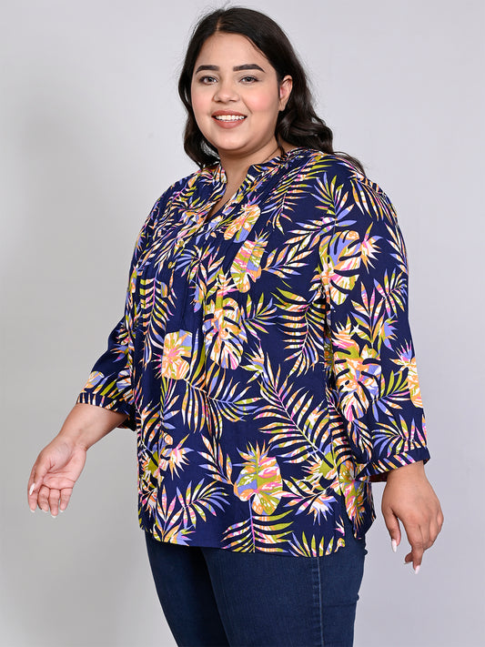 Women Plus Size Navy Blue & Green Printed Pintuck Mandarin Collar Longline Top