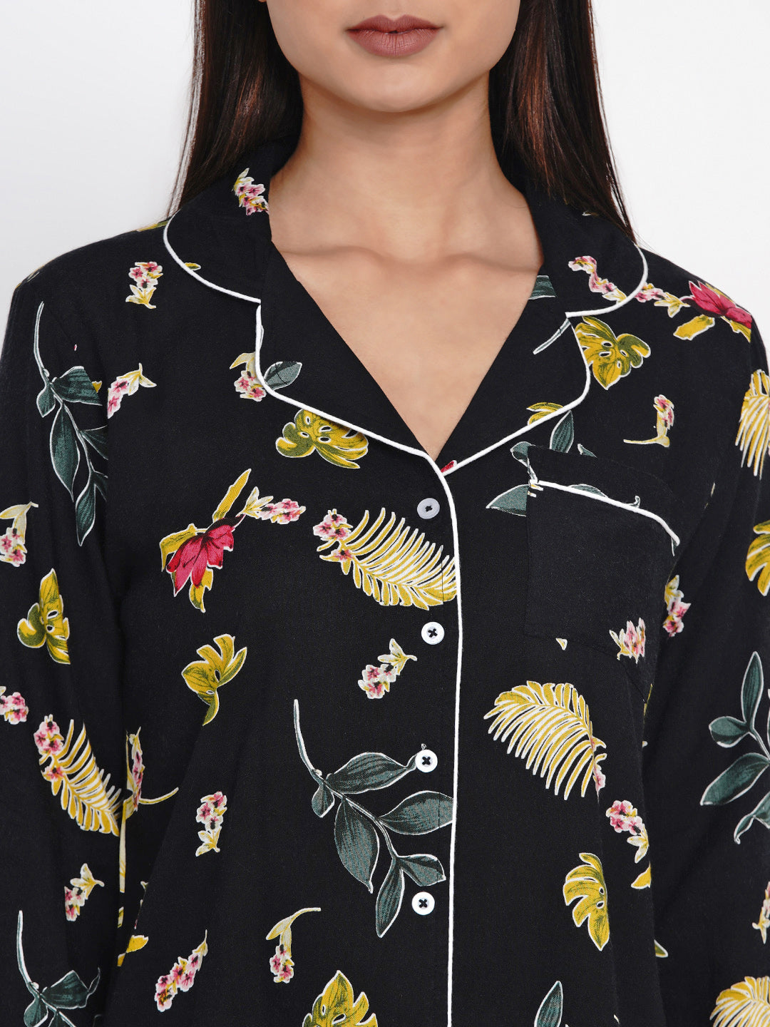 Women Black Floral Print Rayon Pyjama & Shirt Nightsuit Set