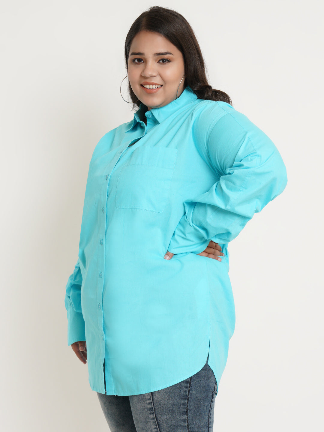 Women Turquoise Blue Full Sleeves Collar Style Plus Size Top