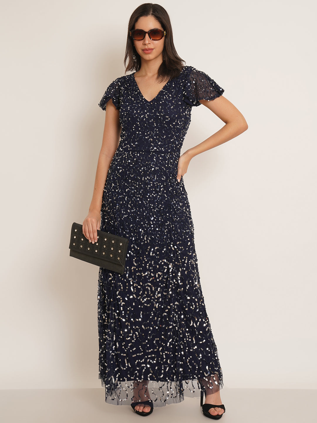 Women Navy Blue Embellished Flutter Sleeves V-Neck Maxi Dress