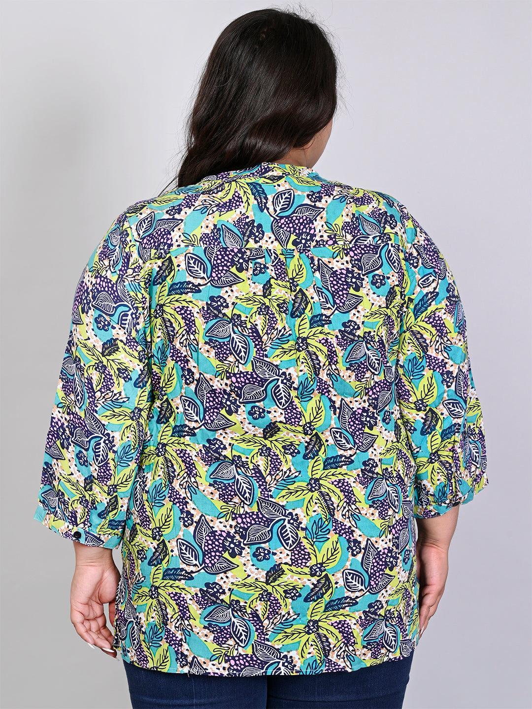 Women Plus Size Blue & Green Printed Pintuck Mandarin Collar Longline Top