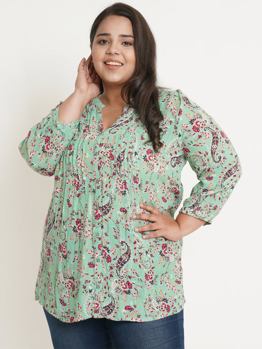 Women Green Floral Mandarin Collar Plus Size Top