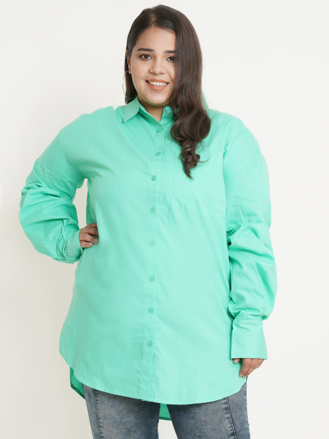 Women Green Full Sleeves Collar Style Plus Size Top