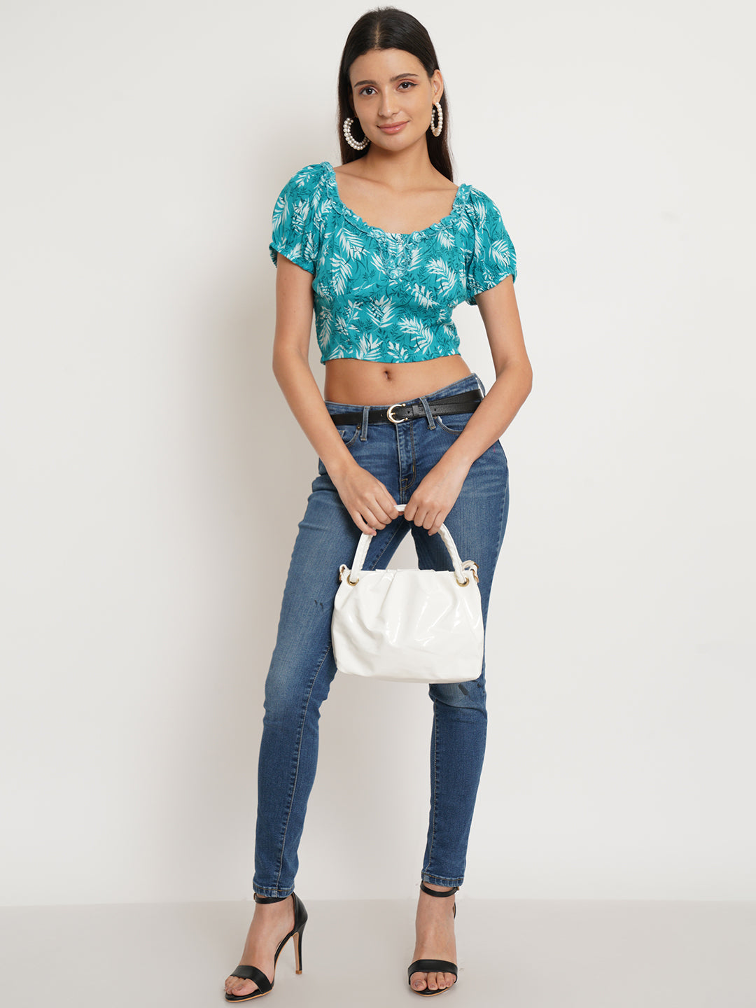 Women Turquoise Blue & White Printed Self Design Smocked Crop Top