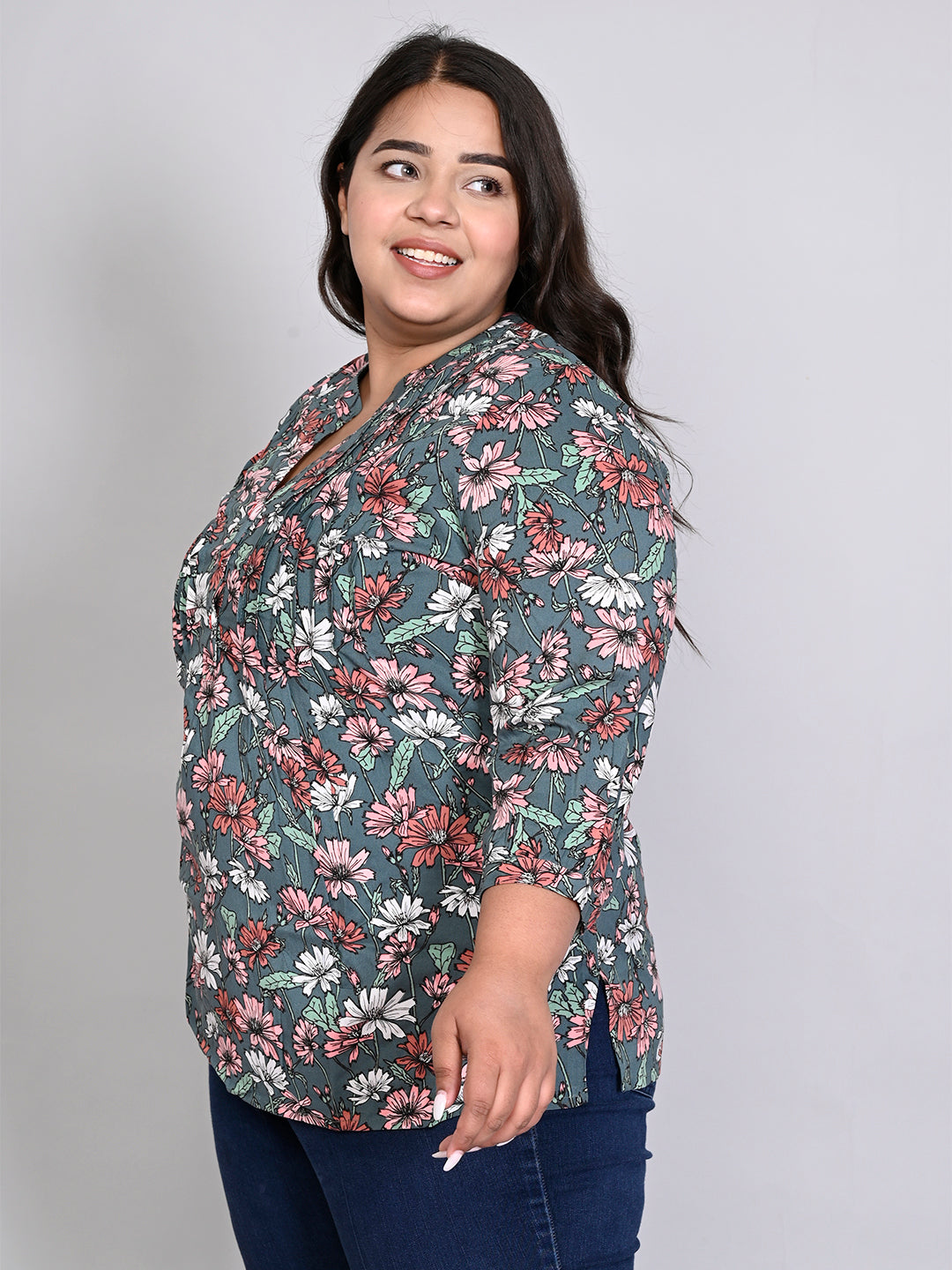 Women Plus Size Green & Pink Printed Pintuck Mandarin Collar Longline Top