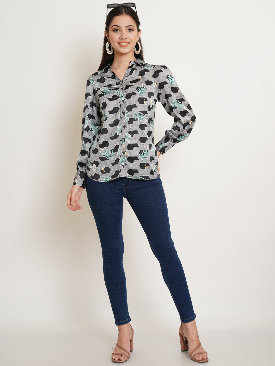 Women Black & White Printed Satin Full Sleeves Shirt Collared Tops