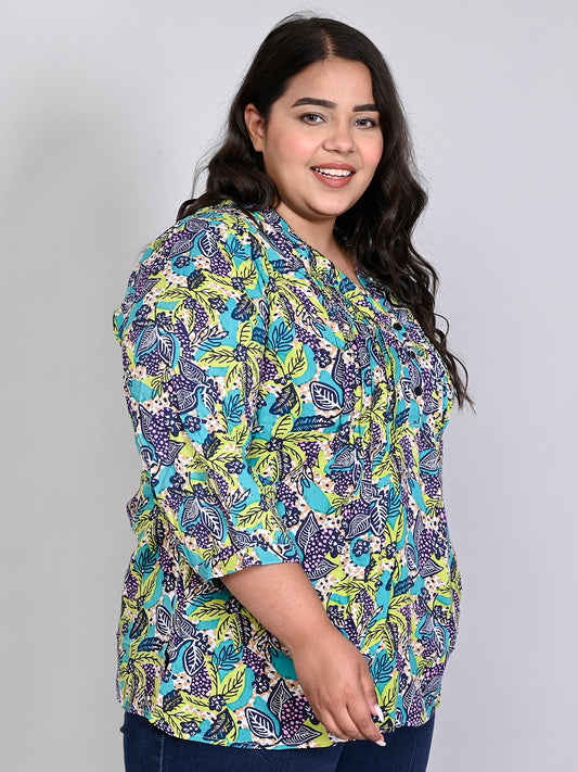 Women Plus Size Blue & Green Printed Pintuck Mandarin Collar Longline Top