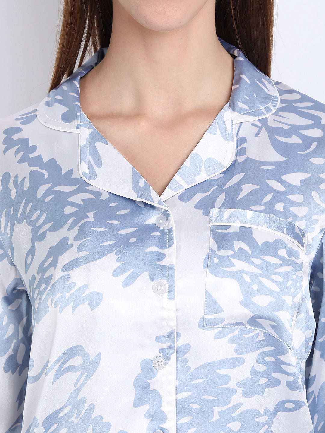 Women Satin Blue & White Pyjama & Shirt Nightsuit Set