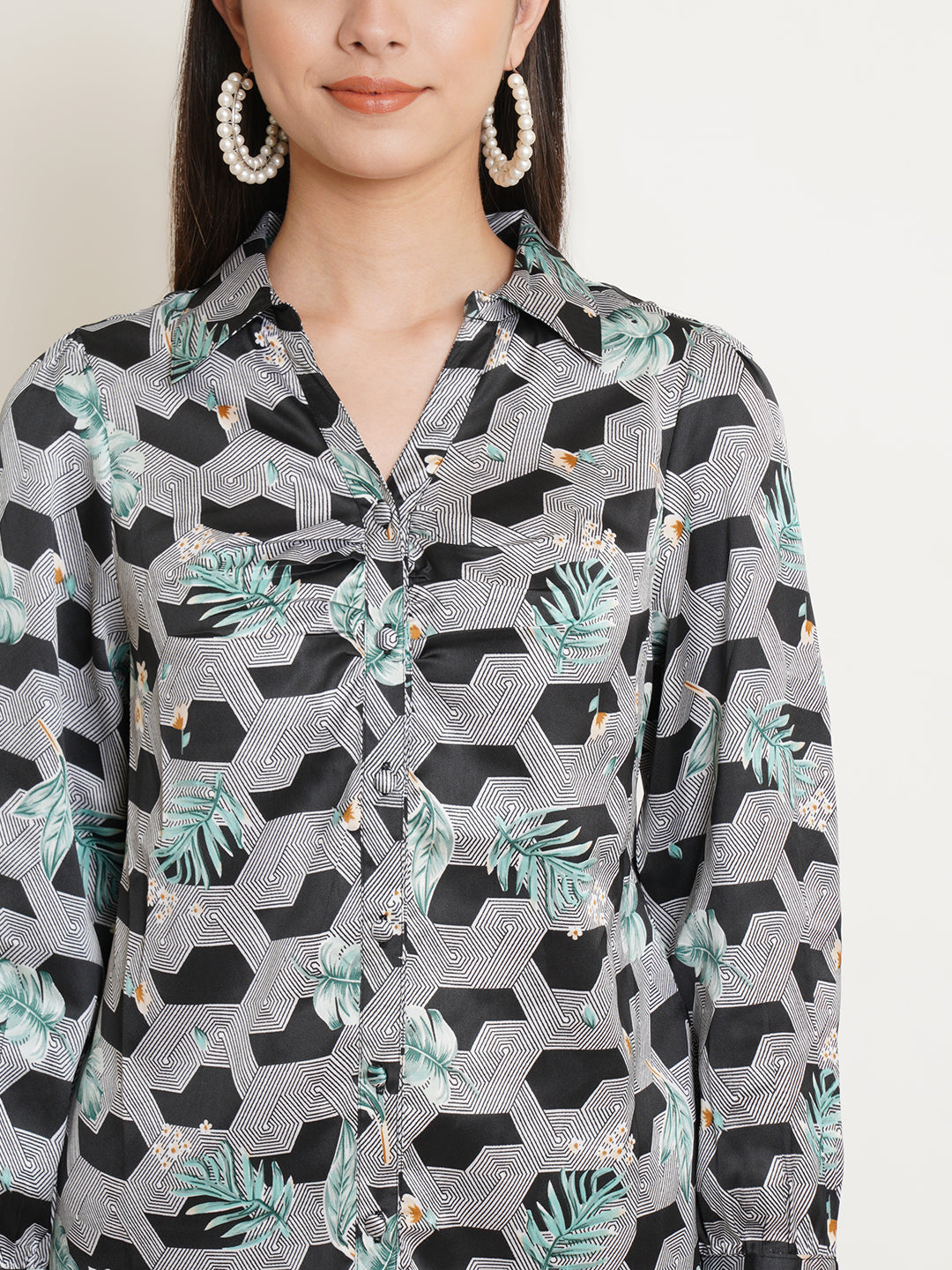 Women Black & White Printed Satin Full Sleeves Shirt Collared Tops