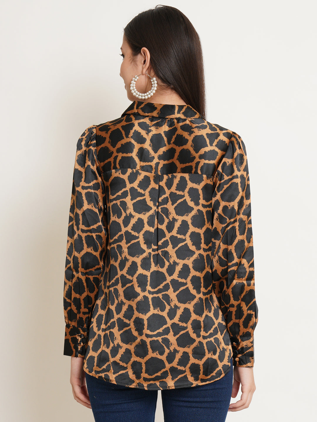 Women Black & Gold Animal Printed Satin Full Sleeves Shirt Collared Tops