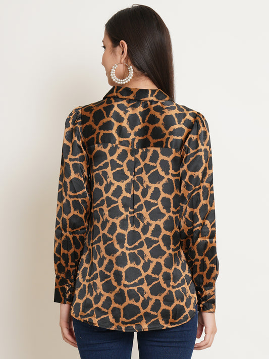 Women Black & Gold Animal Printed Satin Full Sleeves Shirt Collared Tops