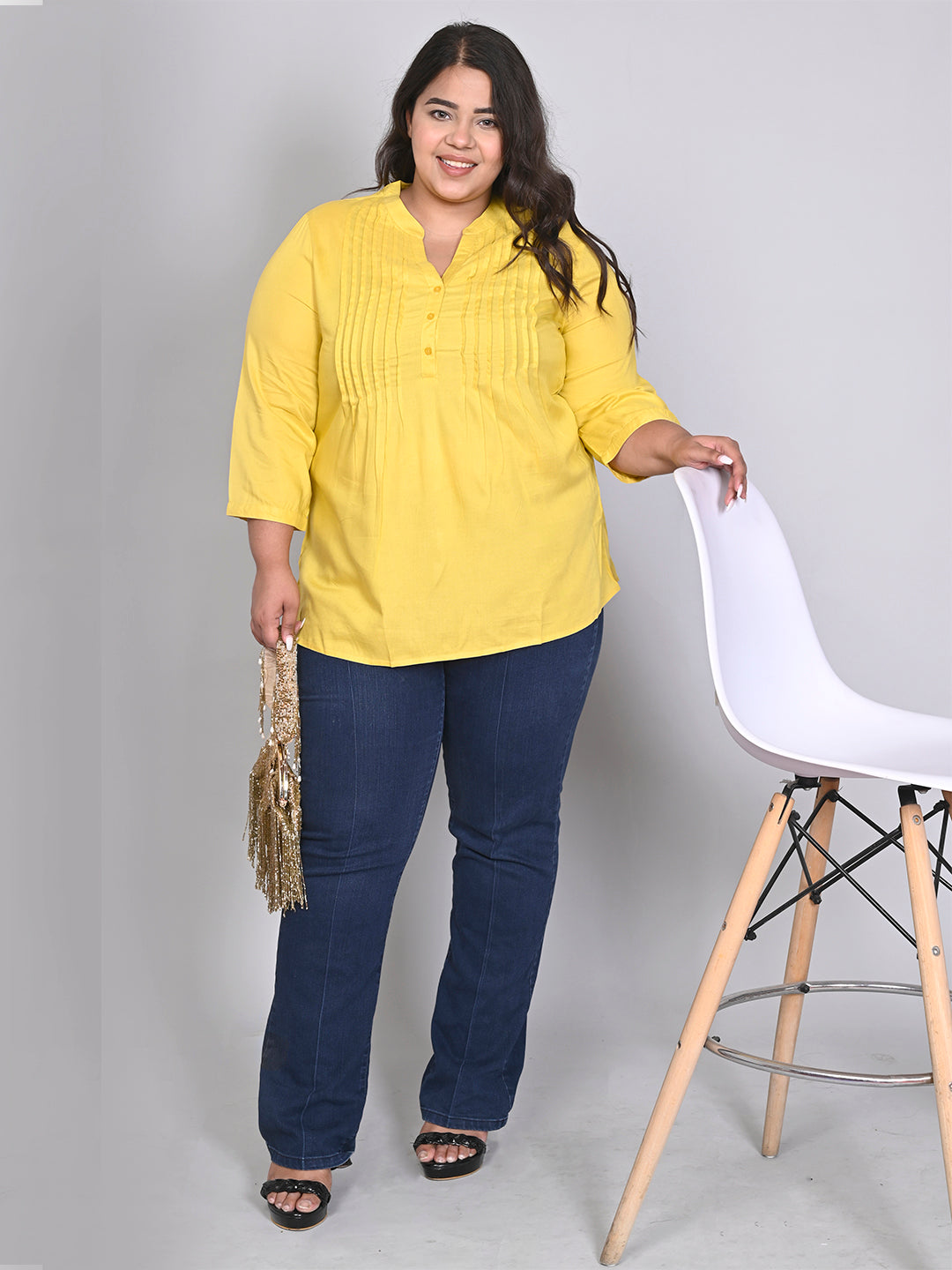 Women Plus Size Yellow Solid Pintuck Mandarin Collar Longline Top