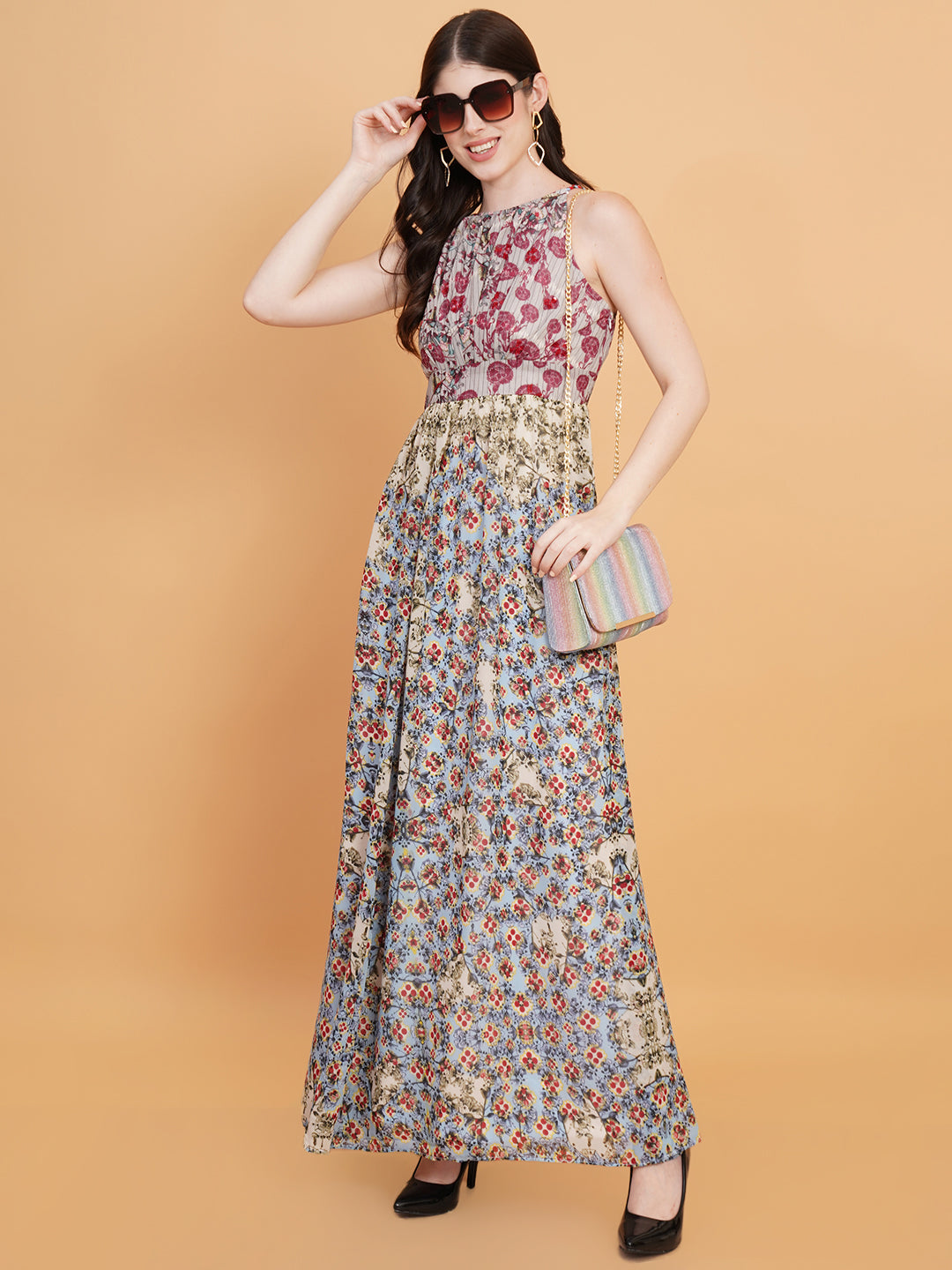 Women Red & Blue Floral Print Tie-Up Neck Maxi Dress
