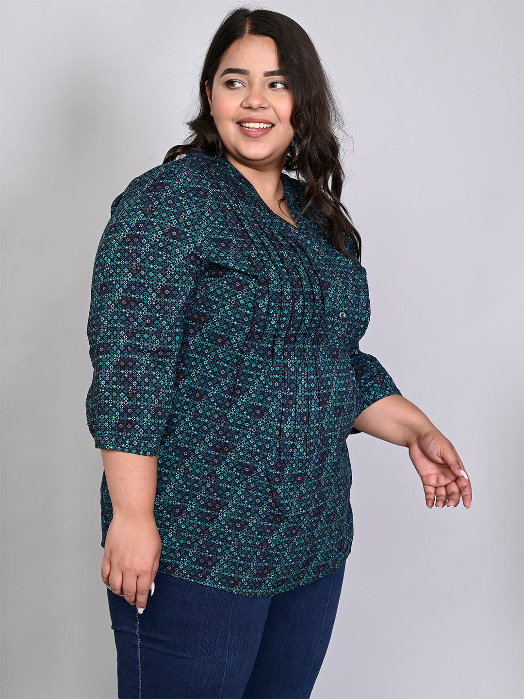 Women Plus Size Green & Navy Blue Printed Pintuck Mandarin Collar Longline Top