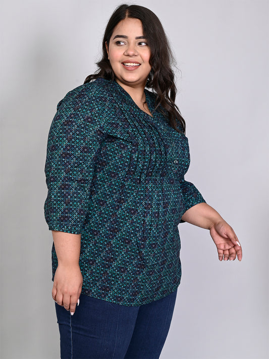 Women Plus Size Green & Navy Blue Printed Pintuck Mandarin Collar Longline Top