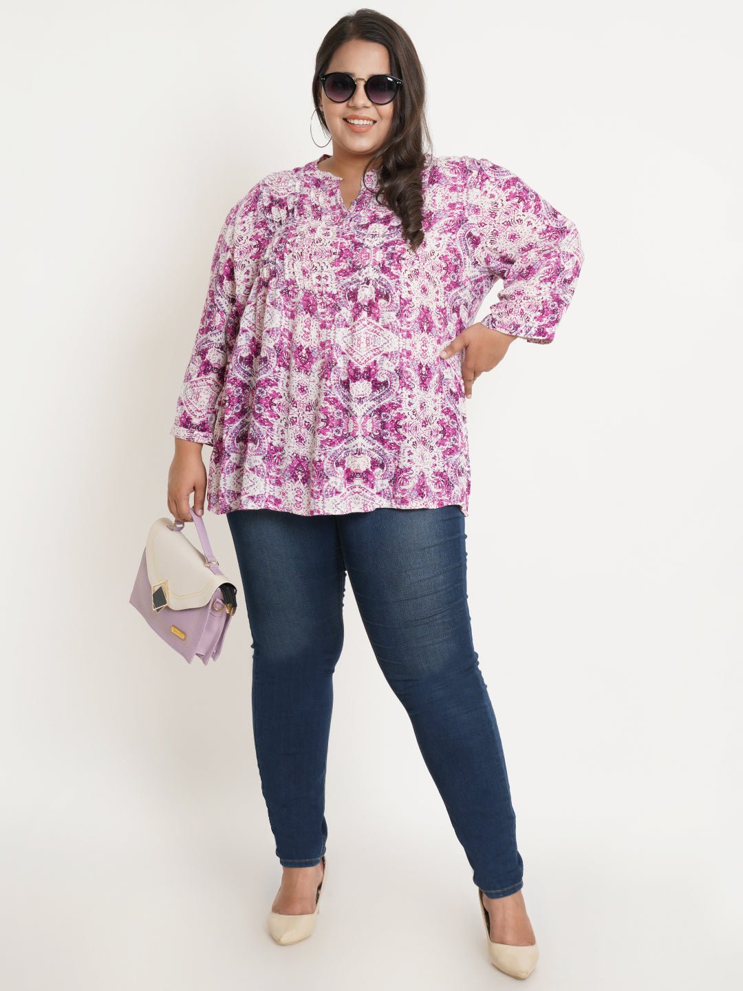 Women Pink & White Abstract Printed Mandarin Collar Plus Size Top