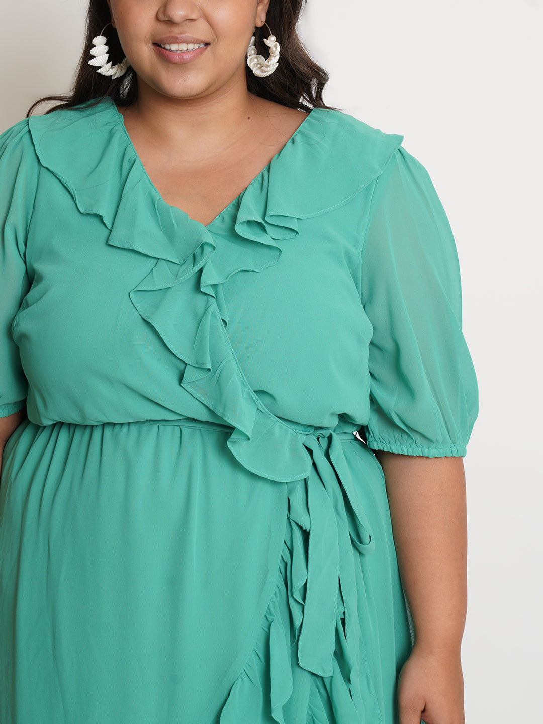 Green Solid Ruffle Self Design Midi Plus Size Dress