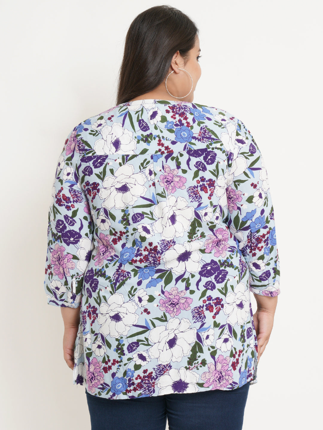 Women Floral Print Mandarin Collar Plus Size Top - Back Side