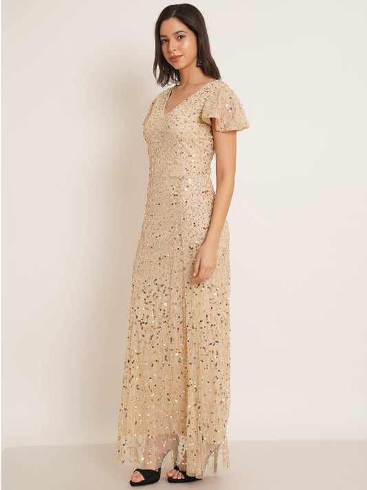 Women Beige Embellished Flutter Sleeves V-Neck Maxi Dress