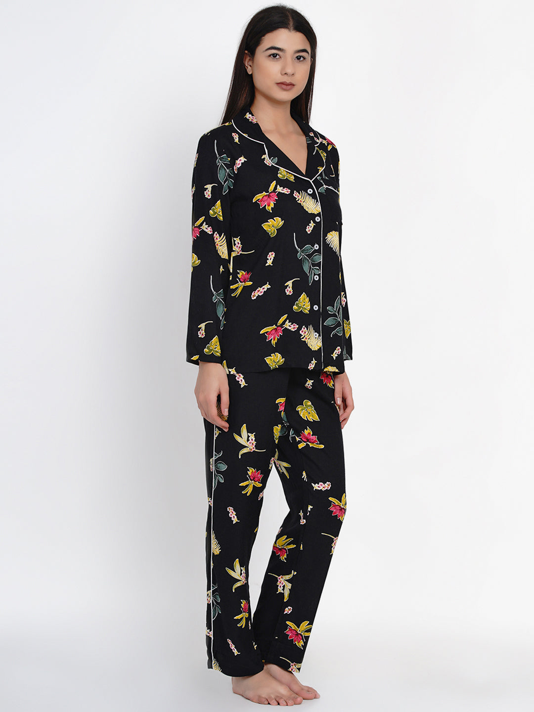 Women Black Floral Print Rayon Pyjama & Shirt Nightsuit Set