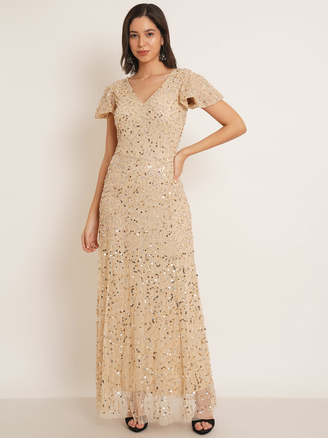 Women Beige Embellished Flutter Sleeves V-Neck Maxi Dress