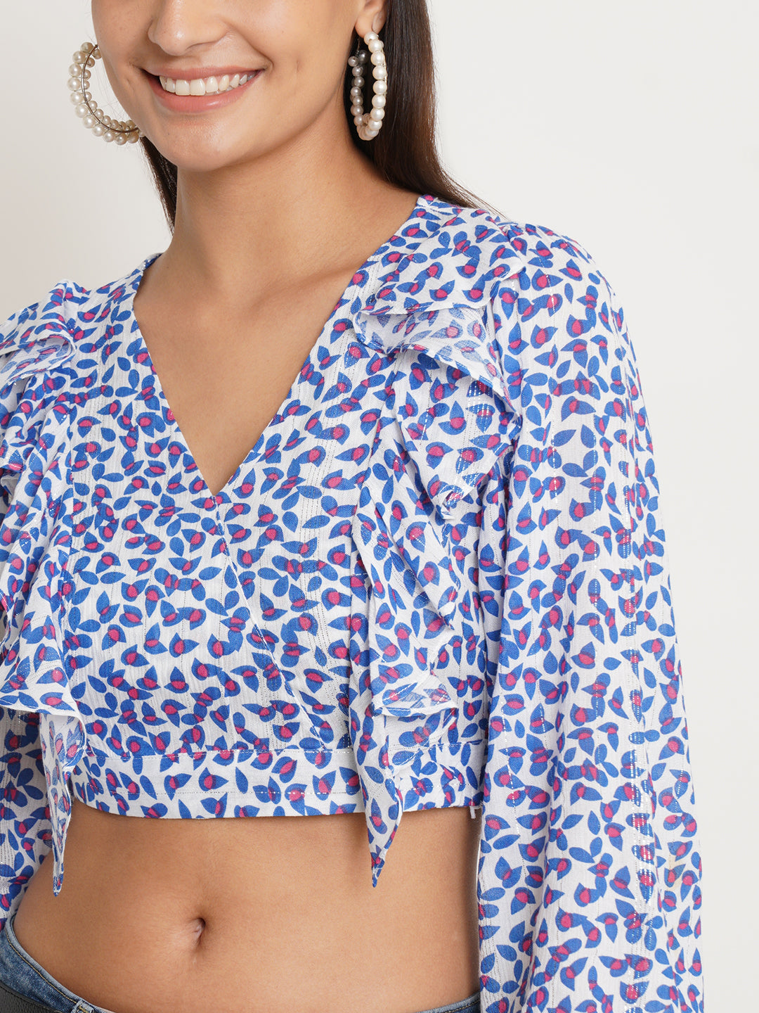 Women Pink & White Printed Ruffled Bardot Top