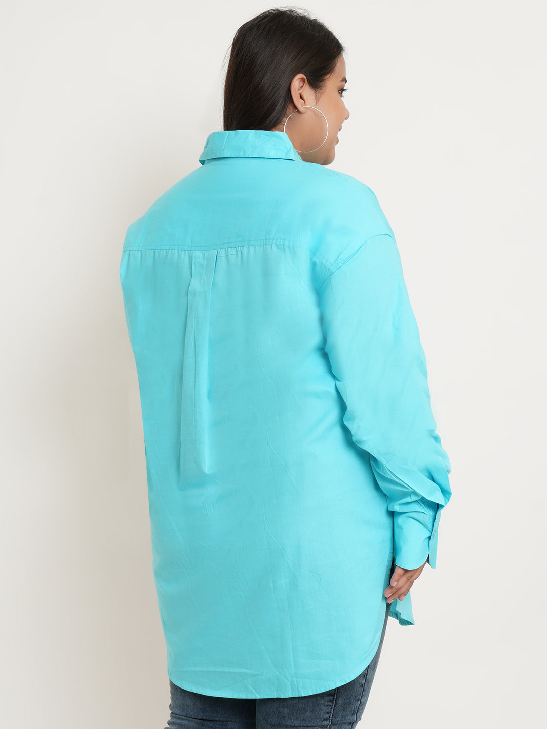 Women Turquoise Blue Full Sleeves Collar Style Plus Size Top