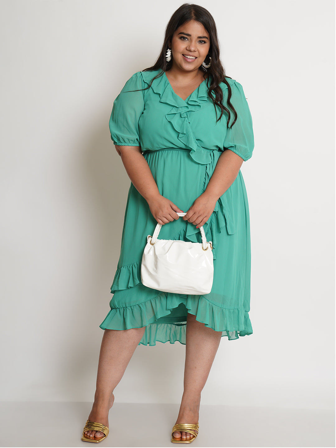 Green Solid Ruffle Self Design Midi Plus Size Dress