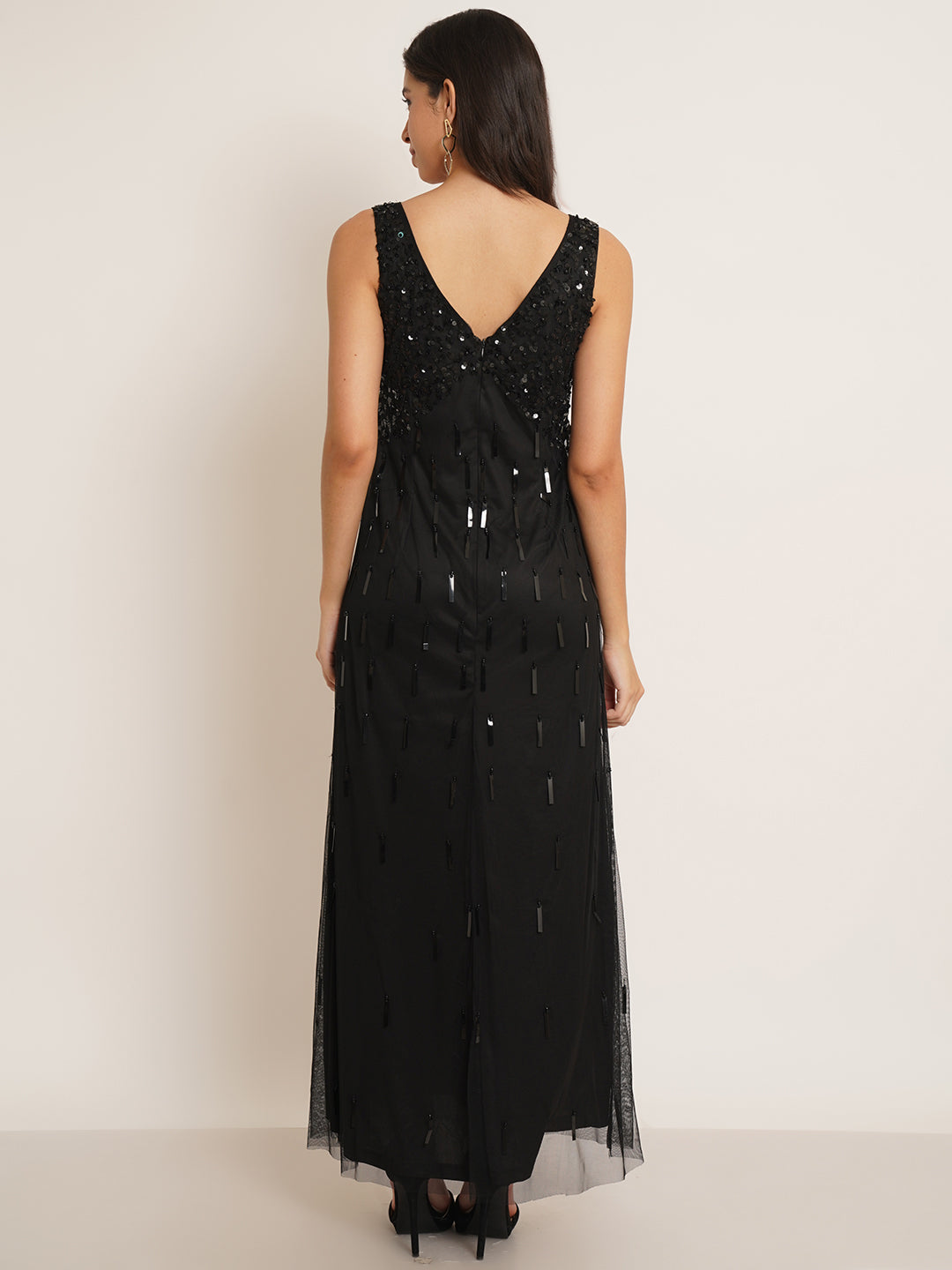 Women Black Embellished V-Neck Maxi Gown