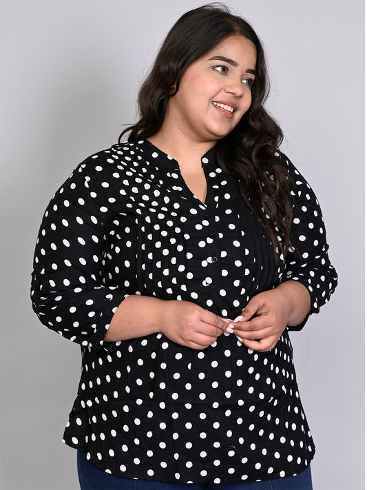 Women Plus Size Black & White Printed Pintuck Mandarin Collar Longline Top