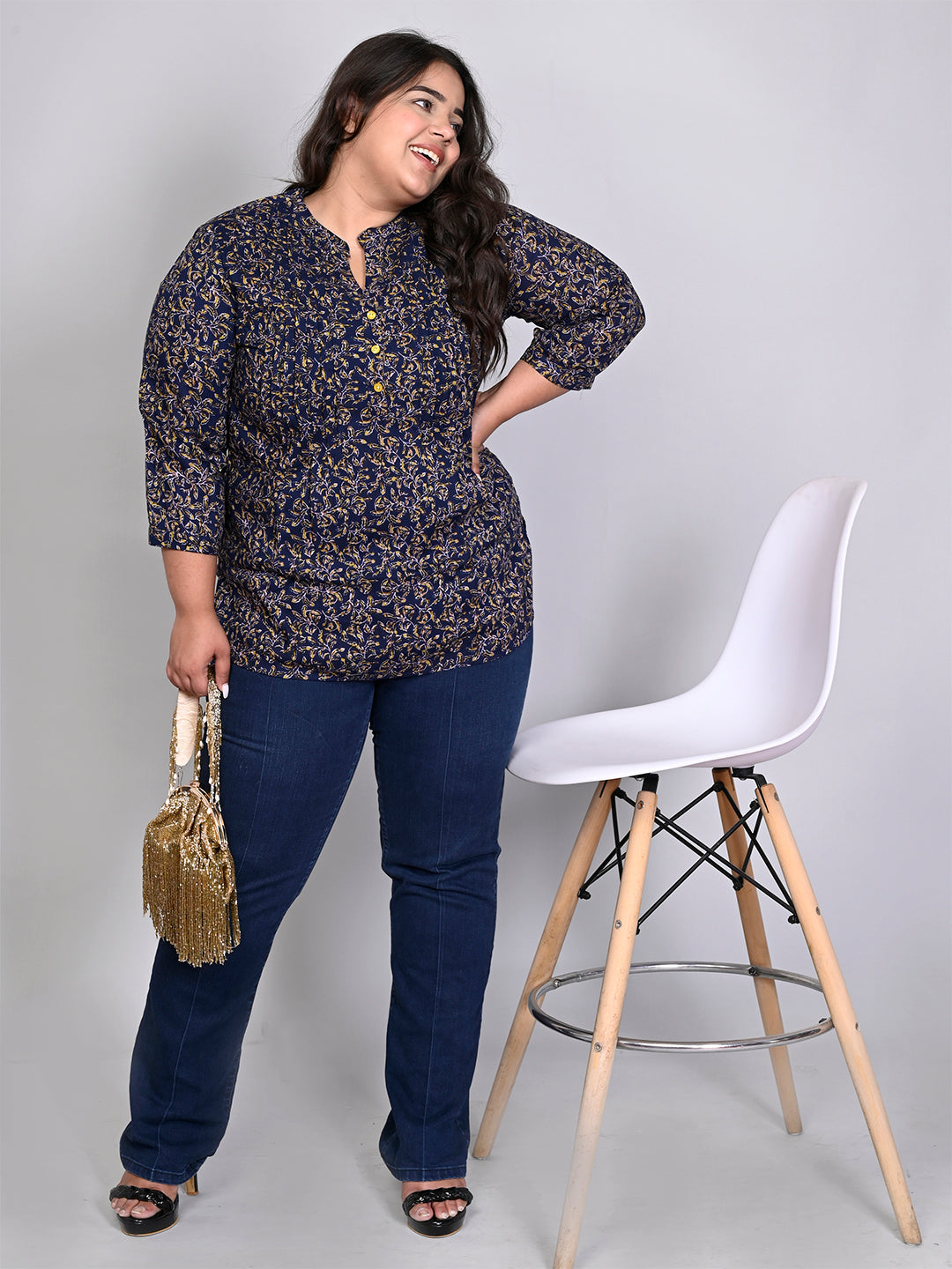 Women Plus Size Navy Blue & Green Printed Pintuck Mandarin Collar Longline Top