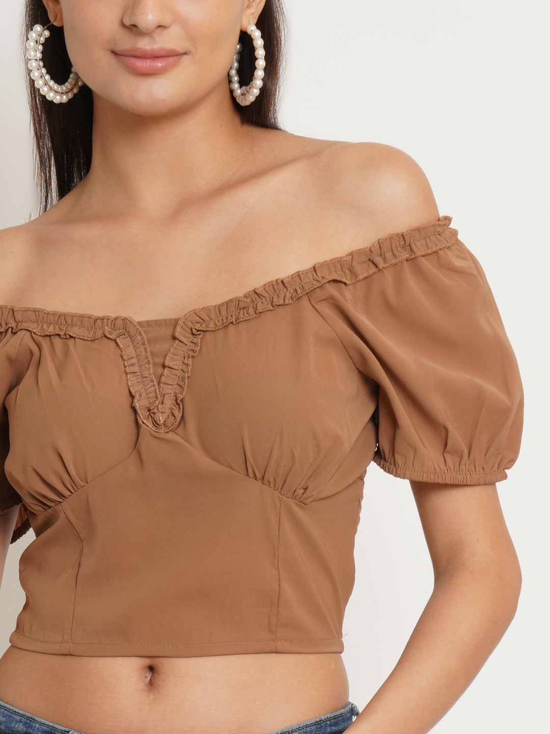 Women Brown Self Design Smocked Crop Top