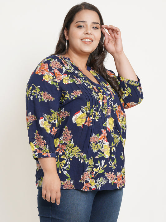 Women Navy Blue Floral Print Plus Size Tops - Side Images