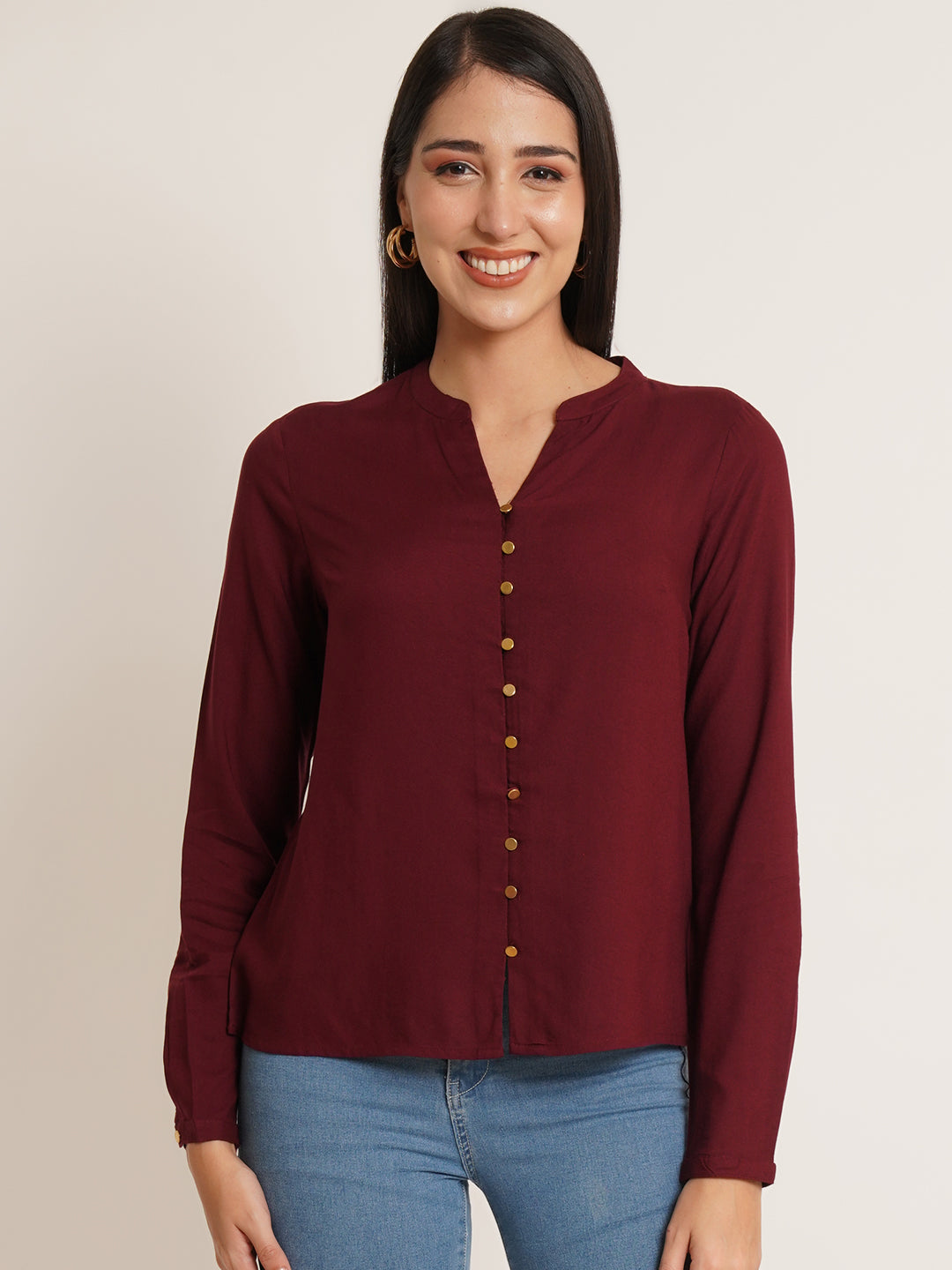 Women Maroon Solid Mandarin Collar Top