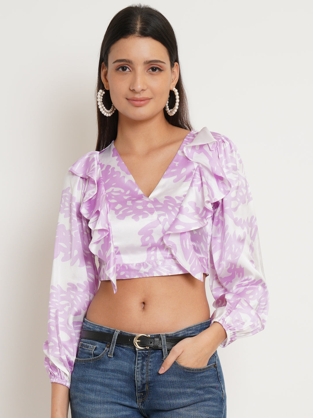 Women Satin Tie & Dye Ruffled Bardot Top