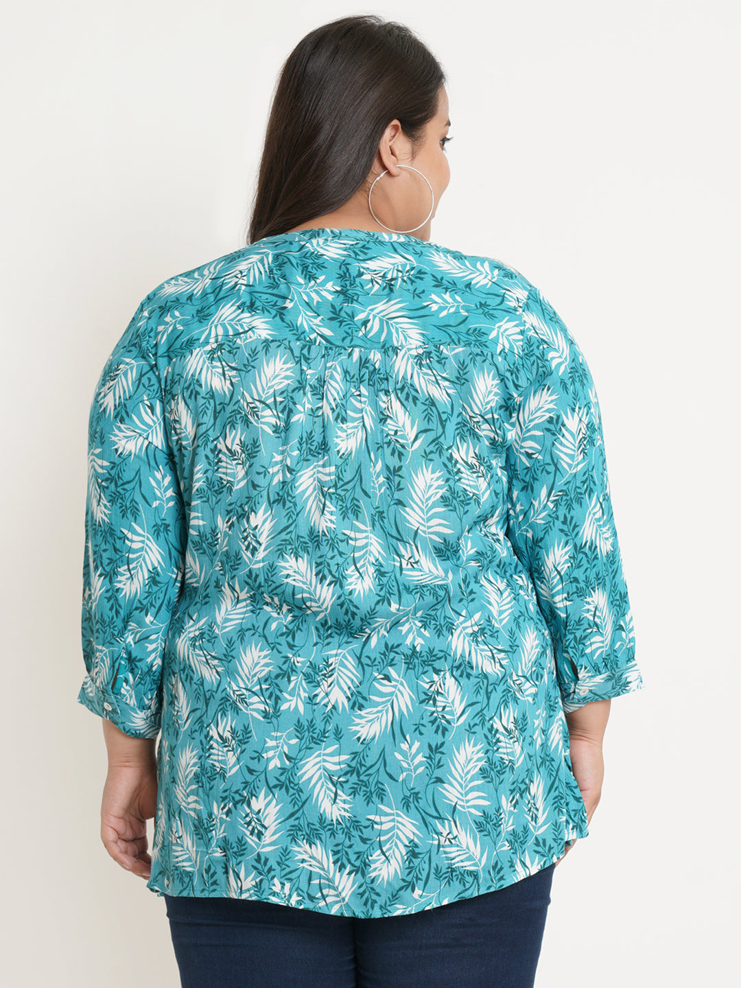 Women Green & White Leaf Print Mandarin Collar Plus Size Top