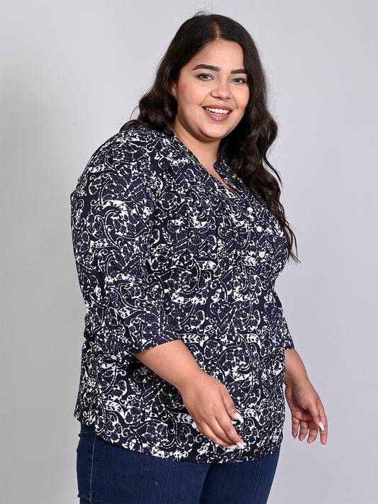 Women Plus Size Navy Blue & White Printed Pintuck Mandarin Collar Longline Top