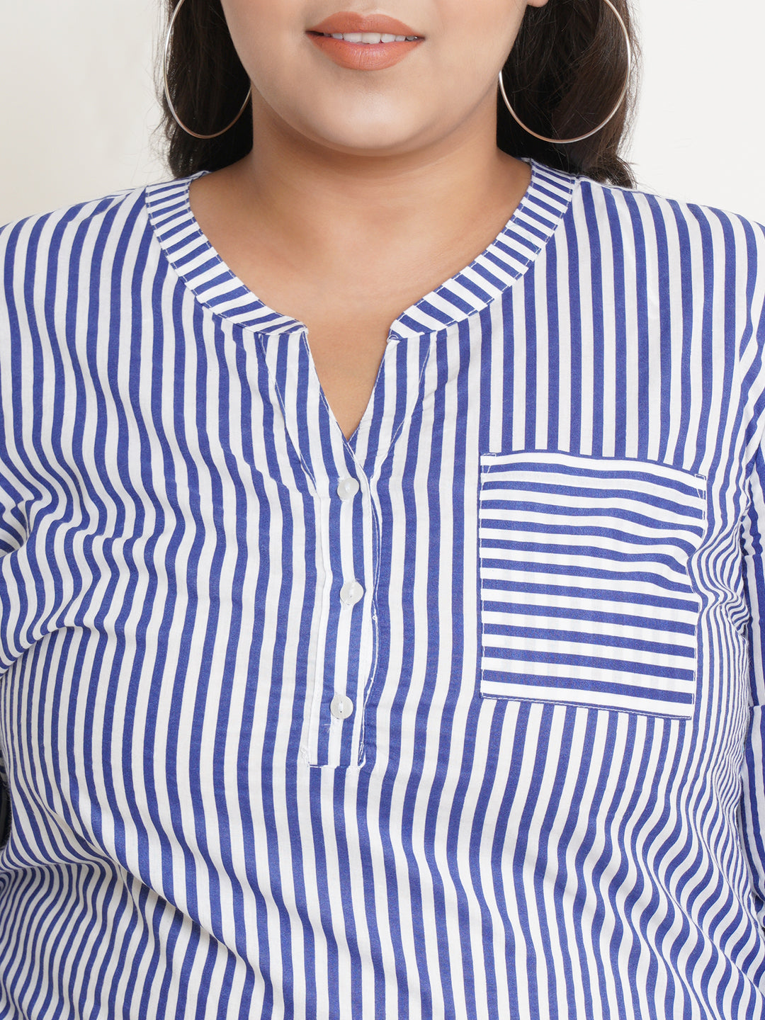 Women Blue & White Stripe Mandarin Collar Plus Size Top