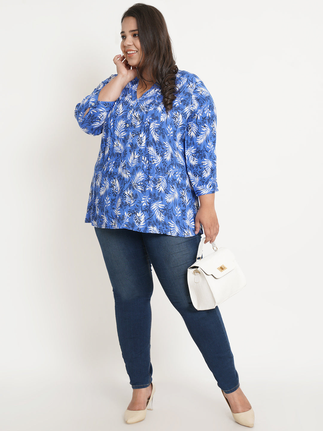 Women Blue & White Leaf Print Mandarin Collar Plus Size Top