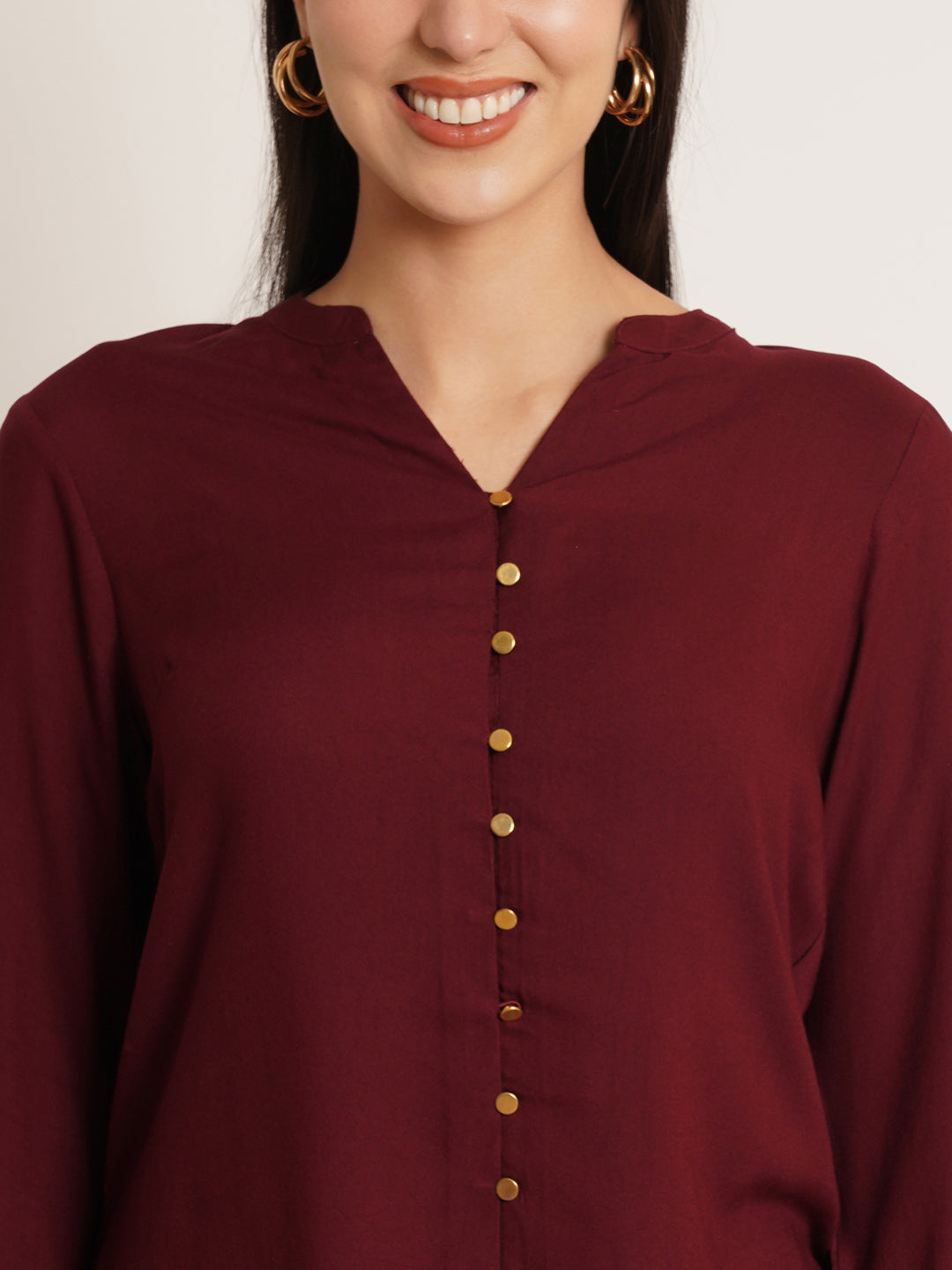 Women Maroon Solid Mandarin Collar Top