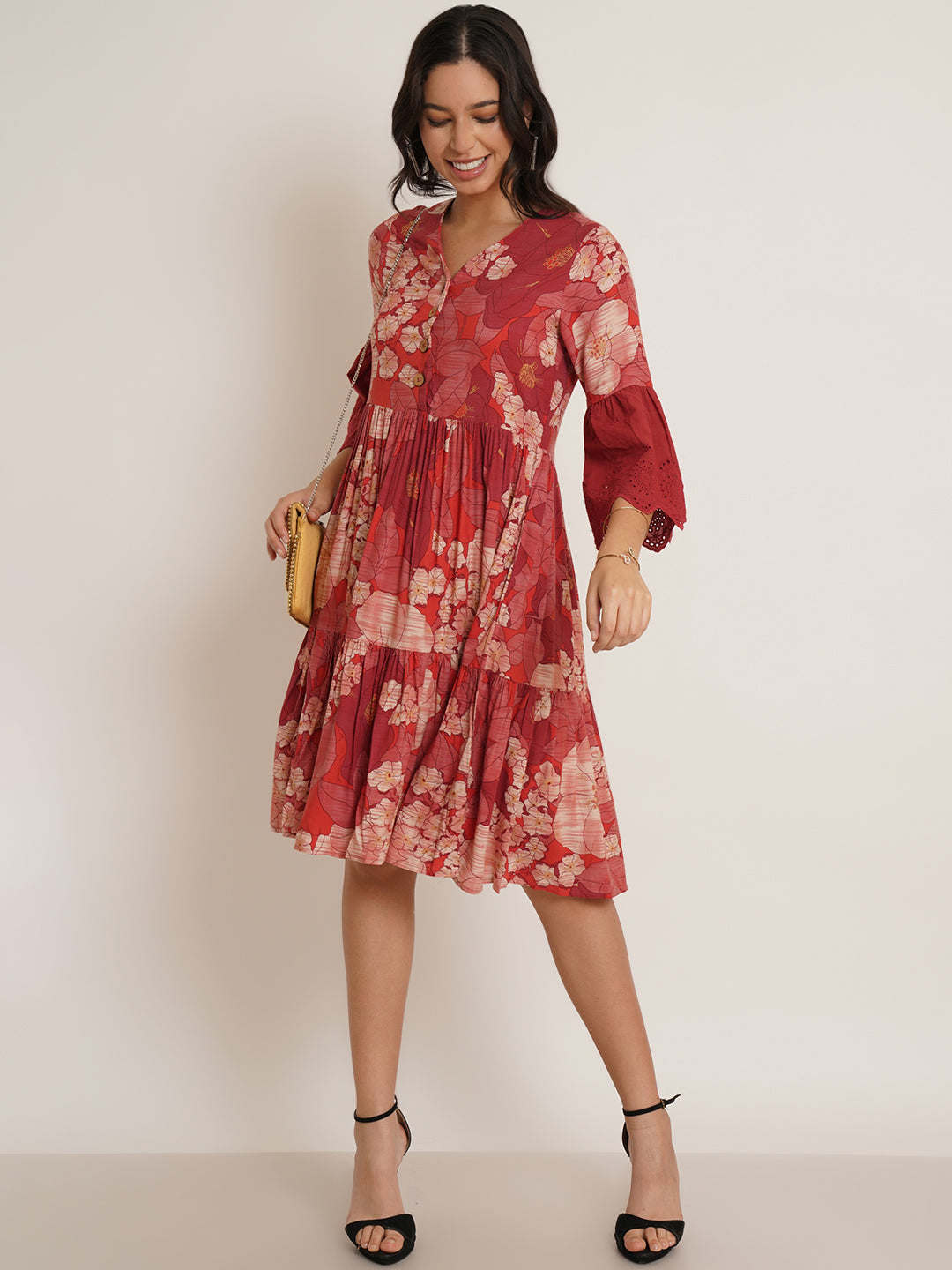 Women Maroon & White Floral Print Schiffli Fit & Flare Dress