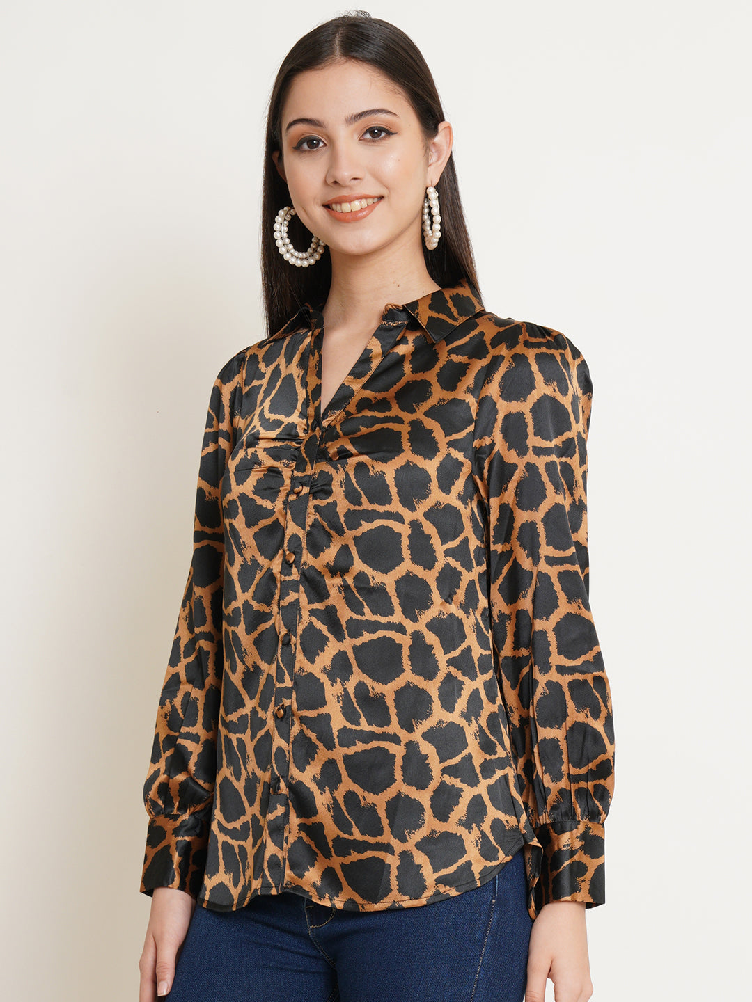 Women Black & Gold Animal Printed Satin Full Sleeves Shirt Collared Tops