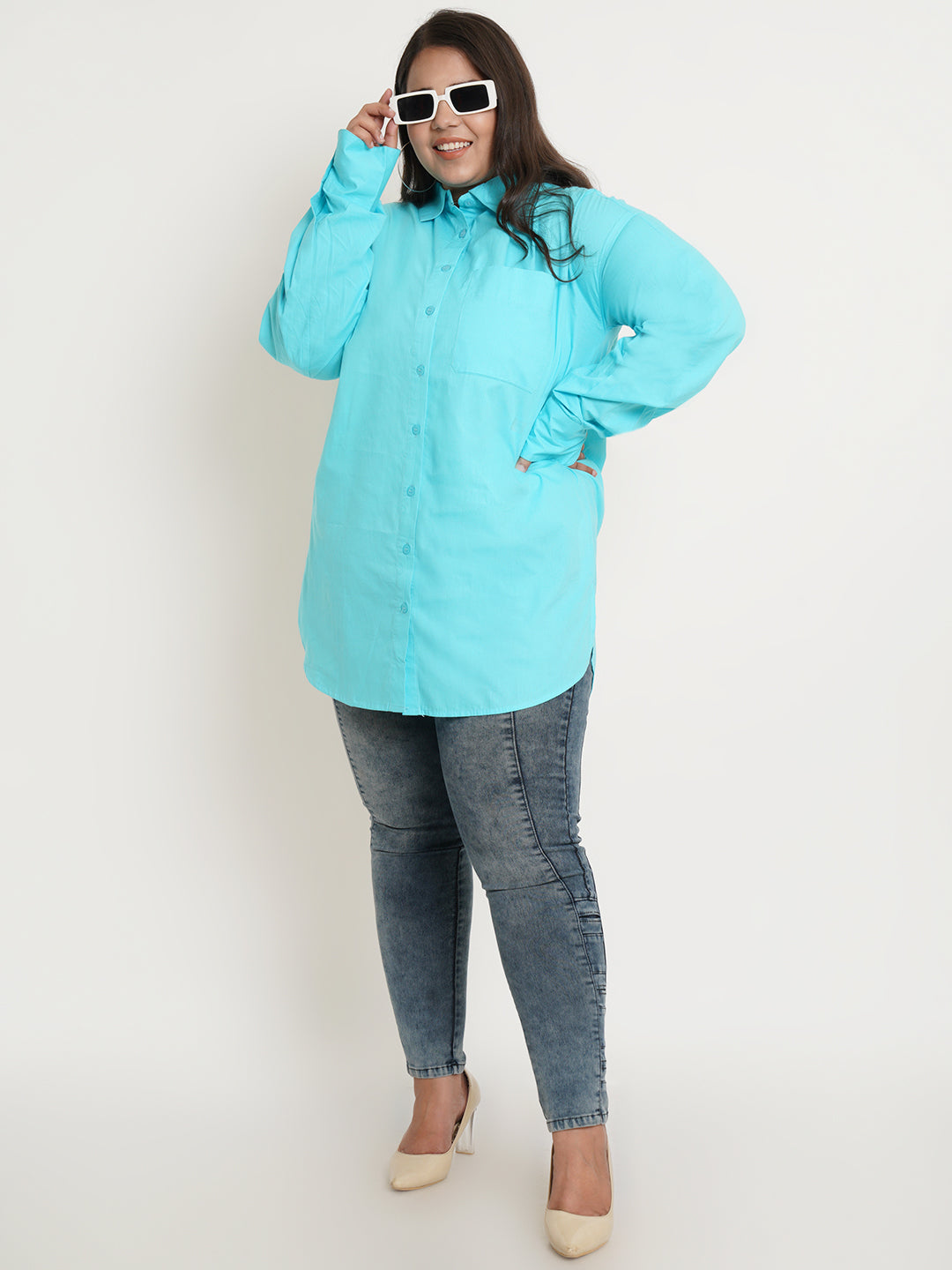 Women Turquoise Blue Full Sleeves Collar Style Plus Size Top