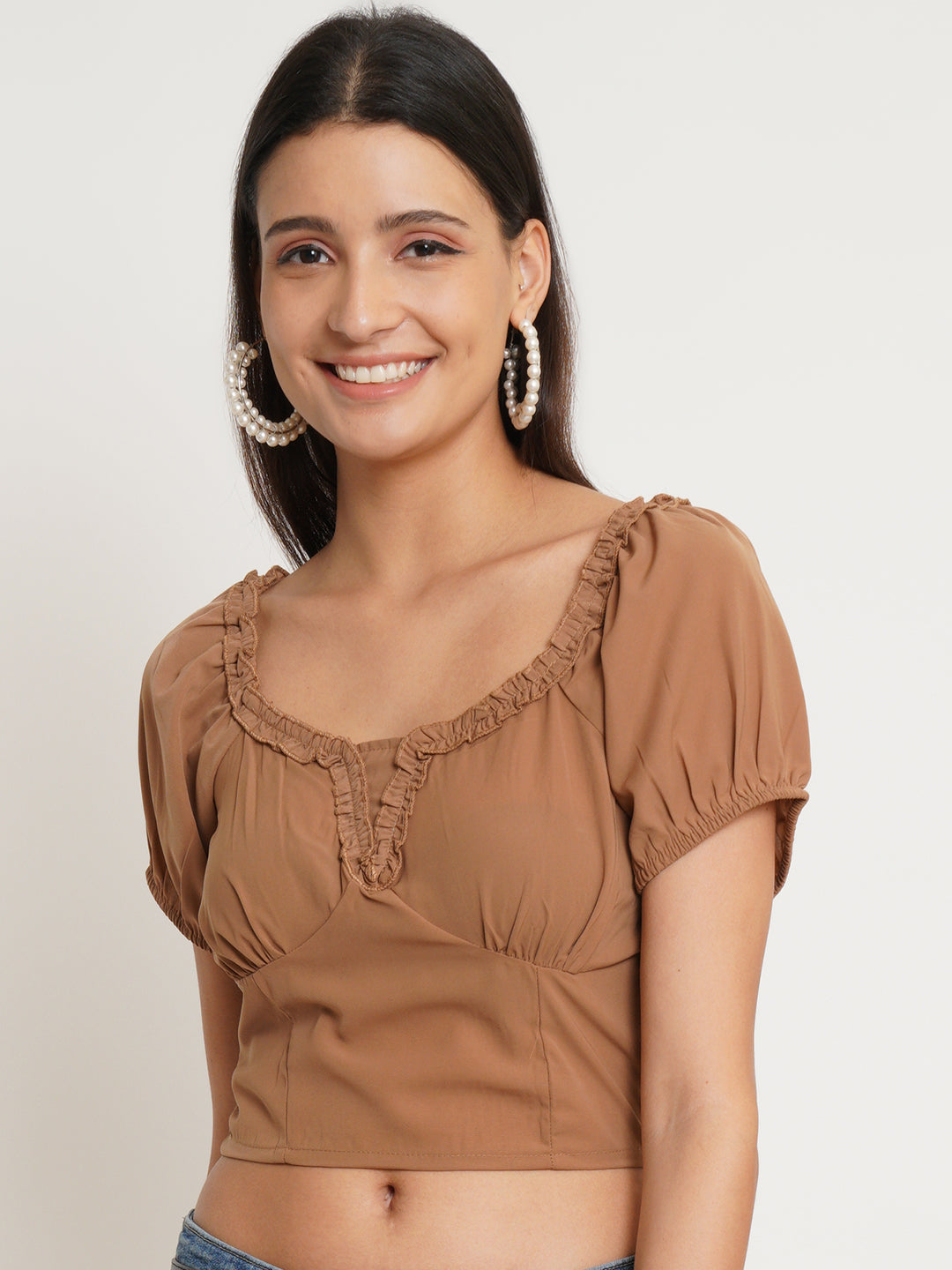 Women Brown Self Design Smocked Crop Top