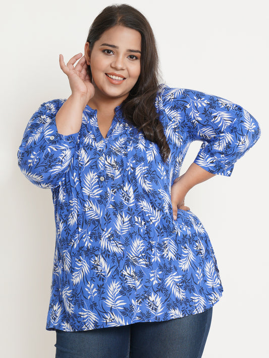 Women Blue & White Leaf Print Mandarin Collar Plus Size Top