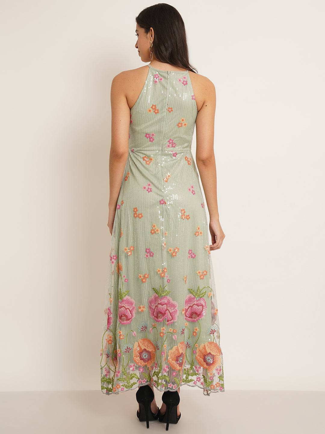 Women Green & Pink Embellished Floral Bridesmaid Maxi Dress