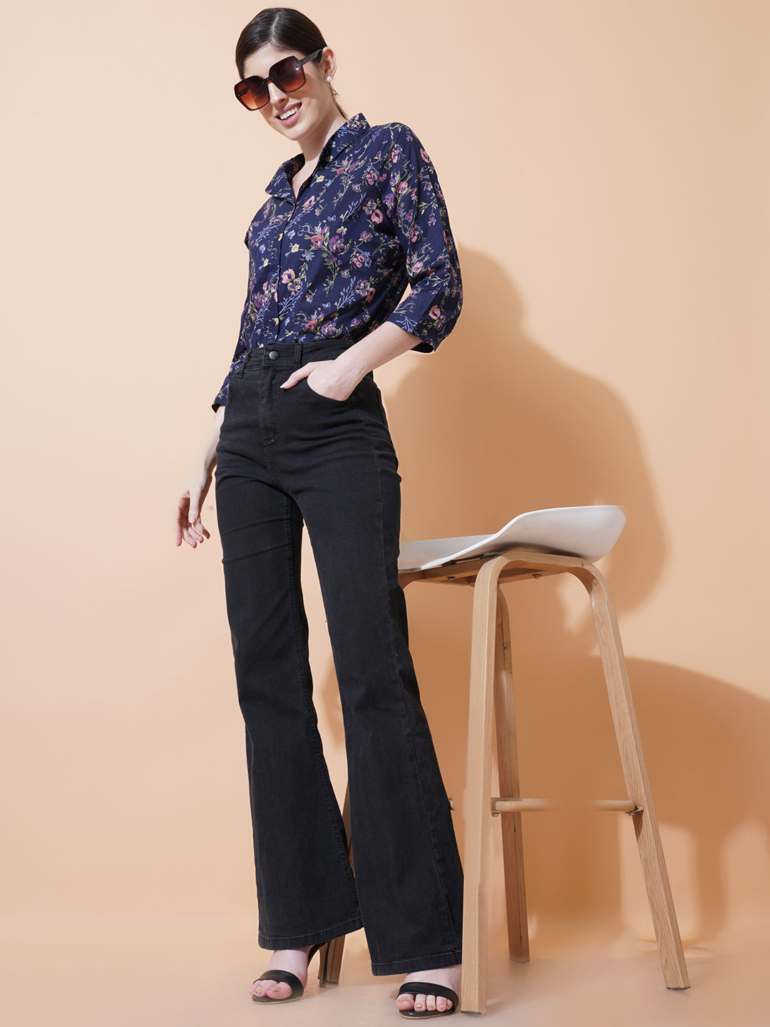 Women Navy Blue & Pink Floral Print Collared Shirt Style Top